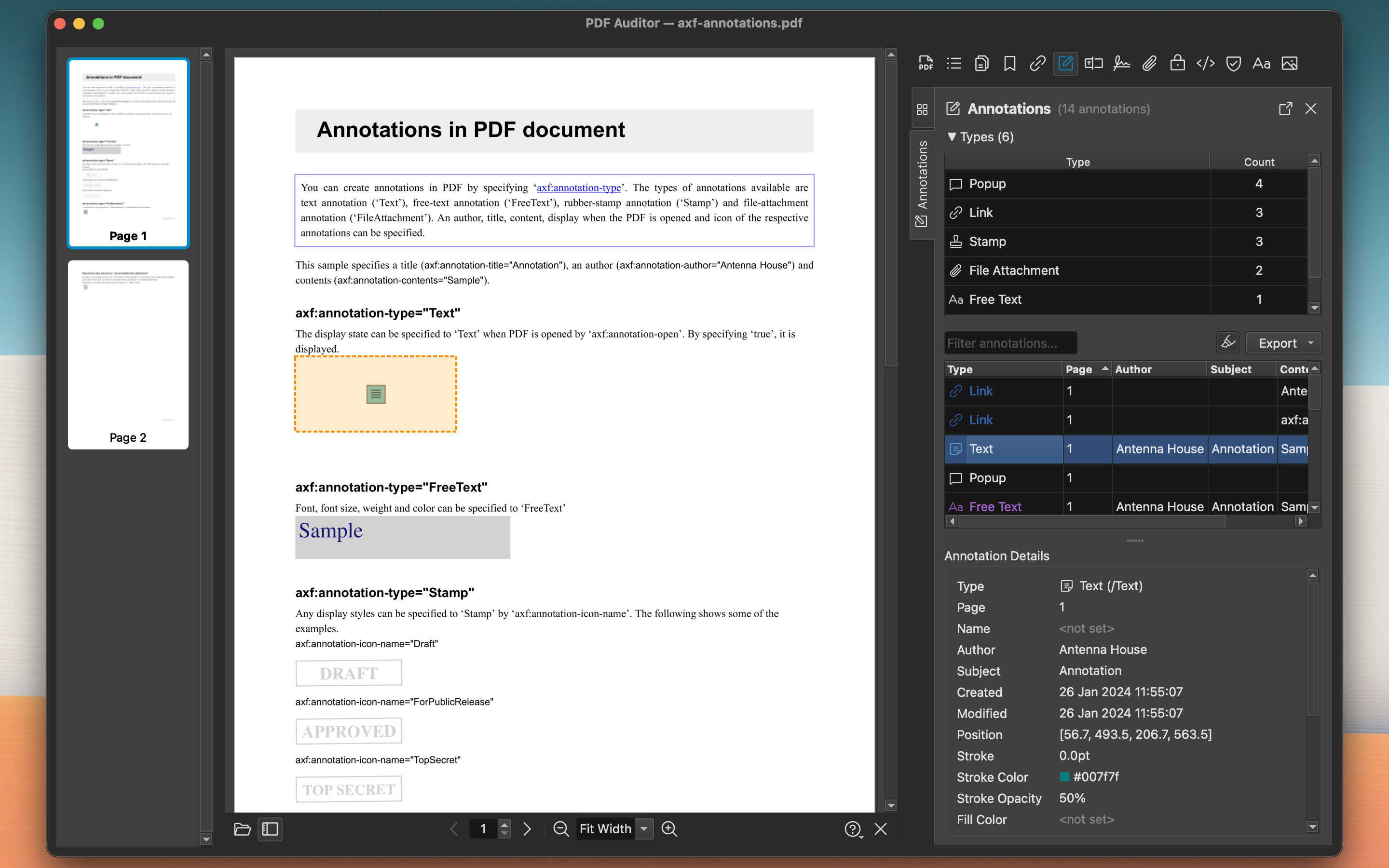 Annotations viewer with type and content details