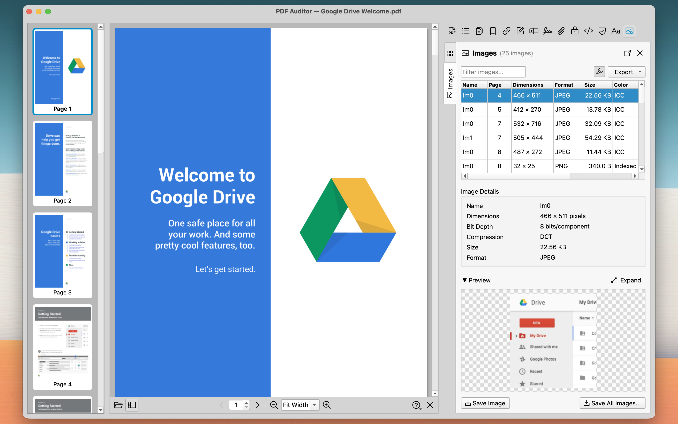 Embedded images inventory with preview and extraction