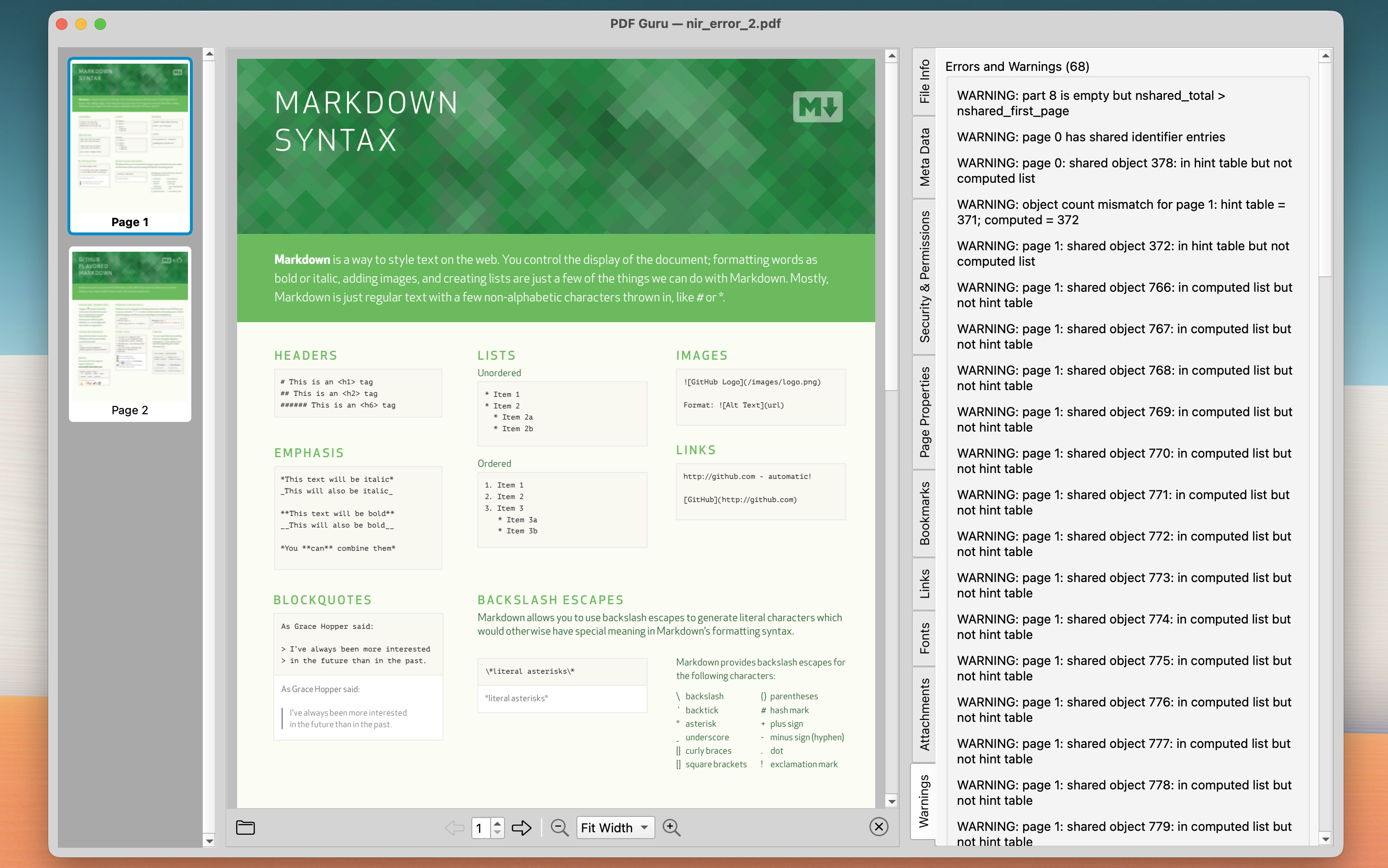 PDF Errors and Warnings